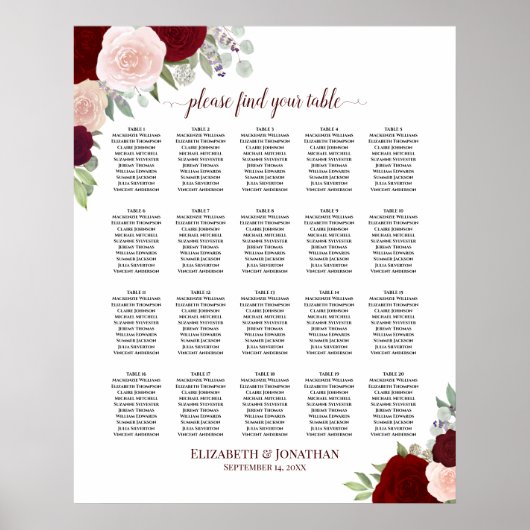 Tableau de placement de mariage floral rouge et ro (Devant)