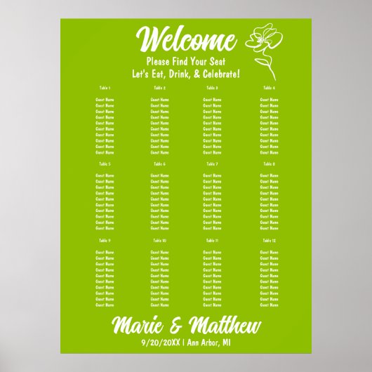 Tableau de placement de mariage floral vert citron (Devant)