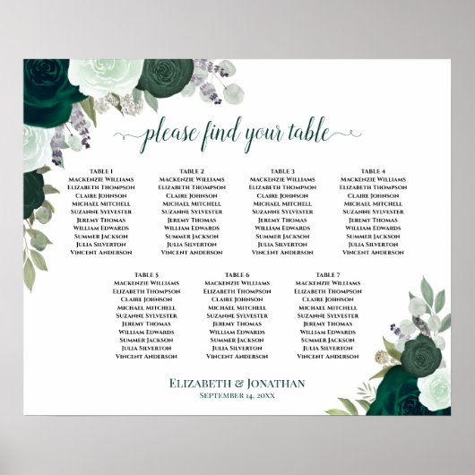 Tableau de placement de mariage floral vert émerau (Devant)