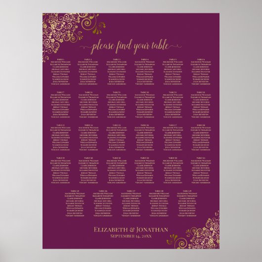 Tableau de placement de mariage Gold 29 Magenta Pl (Devant)