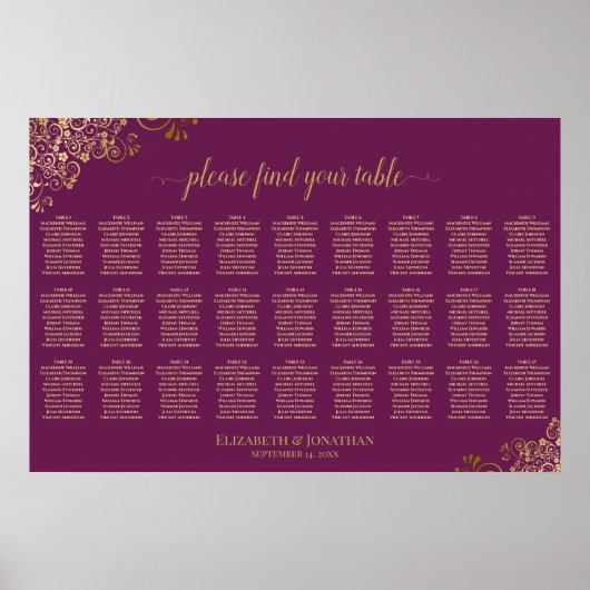 Tableau de placement de mariage Magenta Plum & Or (Devant)