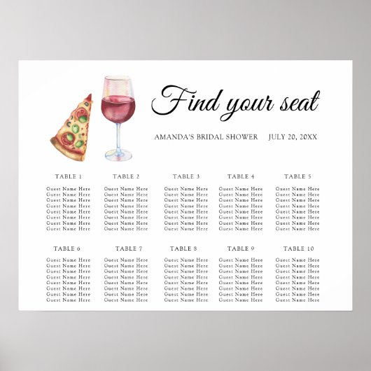 Tableau de placement de mariage pizza et vin aquar (Devant)