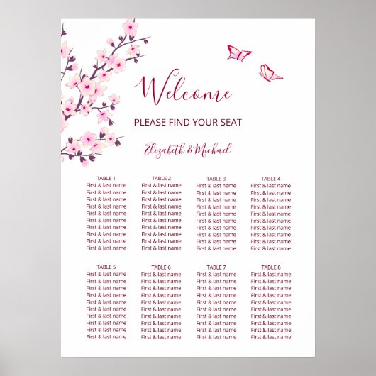Tableau de placement de mariage rose blanc à fleur (Devant)
