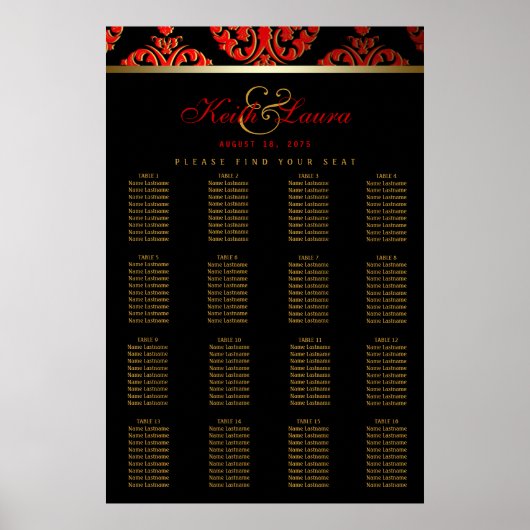Tableau de placement de mariage Rouge Noir Or (Devant)