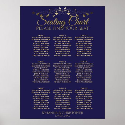 Tableau de placement de mariage simple or et marin (Devant)