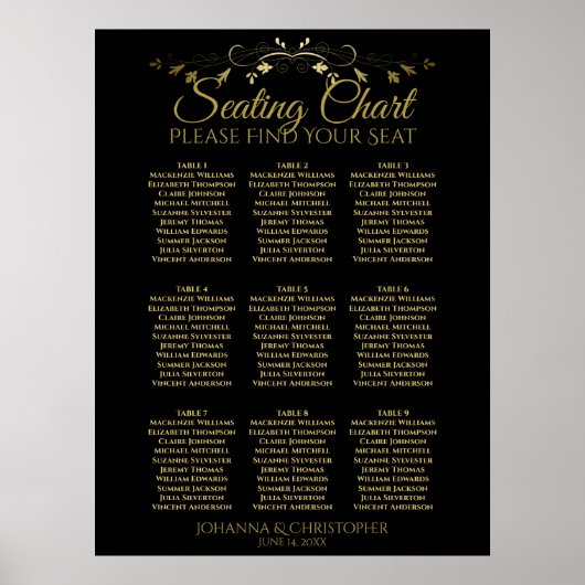 Tableau de placement de mariage simple or et noir (Devant)
