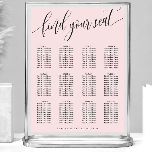 Tableau de placement de mariage simple rose poudré