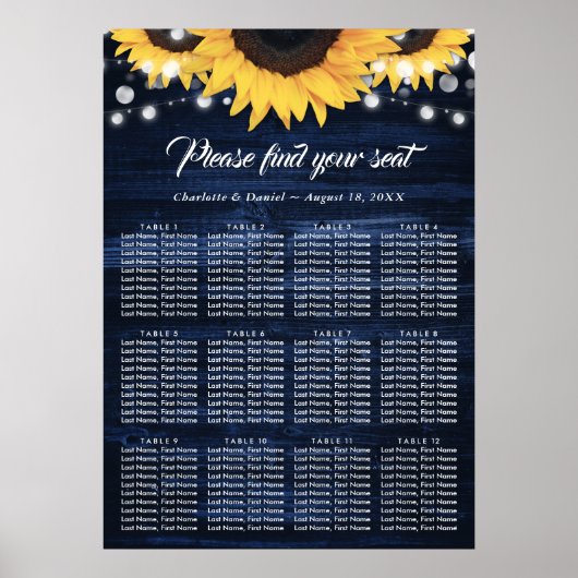 Tableau de placement de mariage tournesol bleu mar (Devant)
