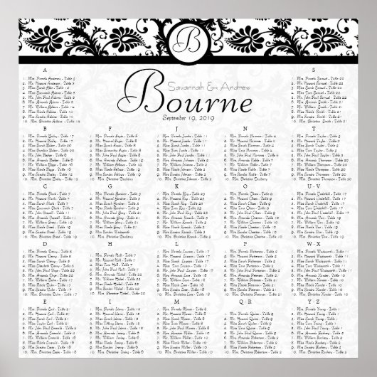 Tableau de placement de réception en damas noir et (Devant)