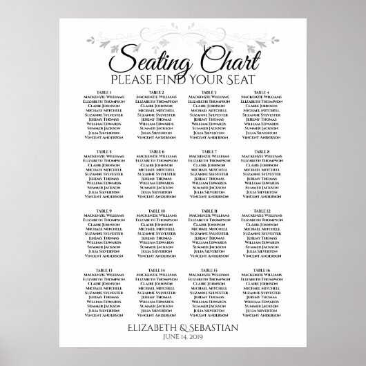 Tableau de placement des invités de mariage à 16 t (Devant)
