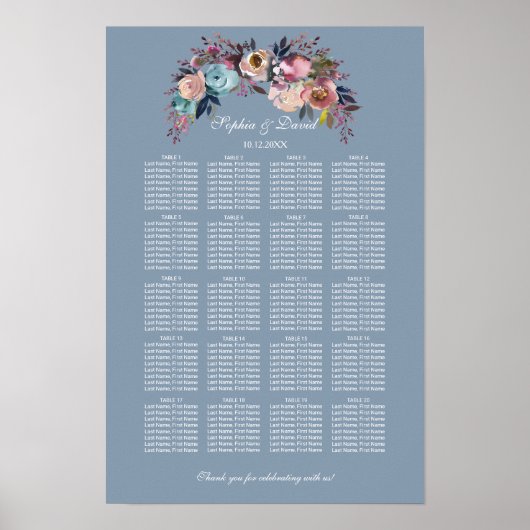 Tableau de placement Dusty Blue Pink Floral pour 1 (Devant)