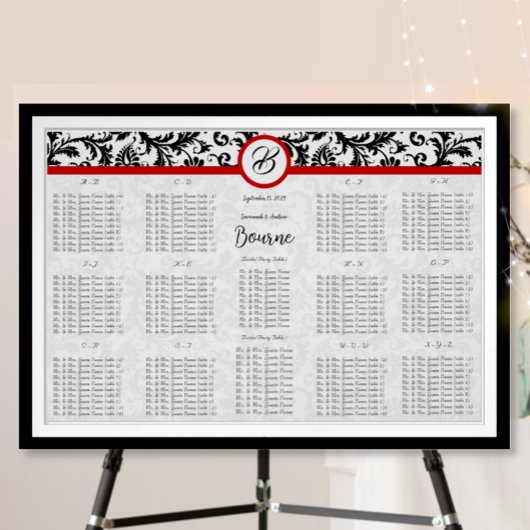 Tableau de placement en Damas noir monogramme roug
