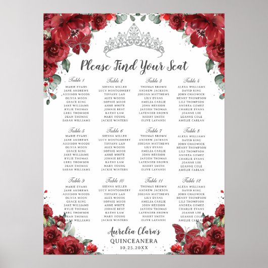 Tableau de placement floral rouge pour Quinceañera (Devant)