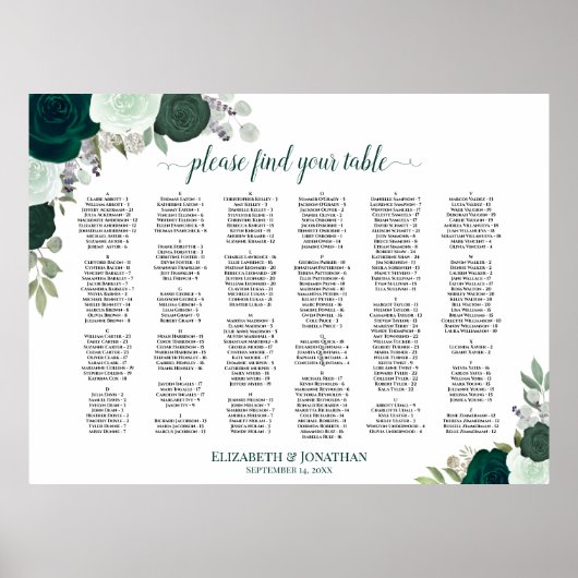 Tableau de placement floral vert émeraude alphabét (Devant)