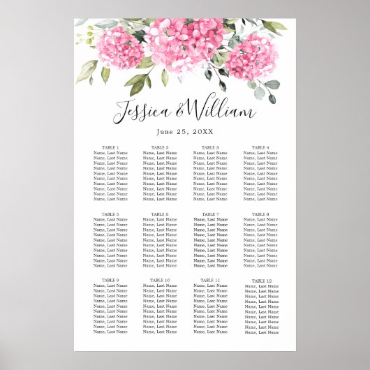 Tableau de placement Pink Hydrangea Floral 12 Tabl (Devant)