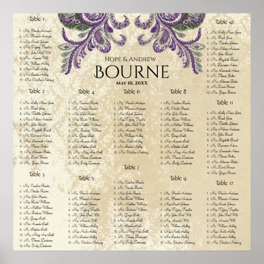 Tableau de placement Purple et Green Paon 12 Table (Devant)