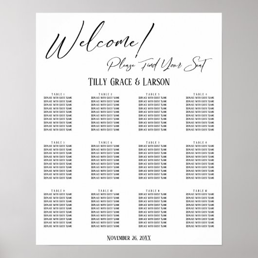 Tableau de placement simple manuscrit pour récepti (Devant)