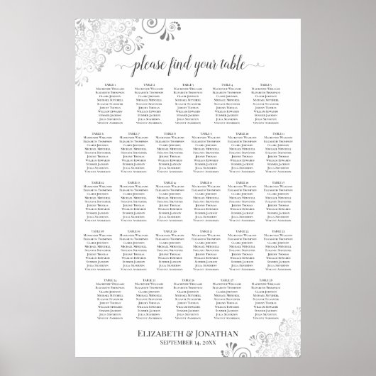 Tableau de plan de table de mariage élégant argent (Devant)