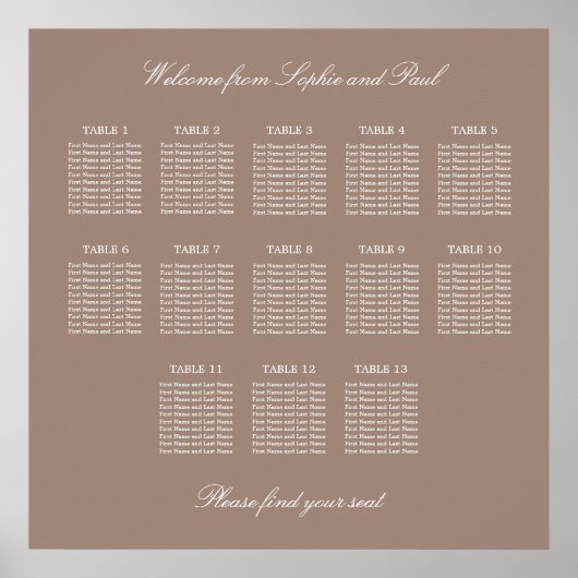 Tableau de plan de table de mariage Taupe 13 Poste (Devant)