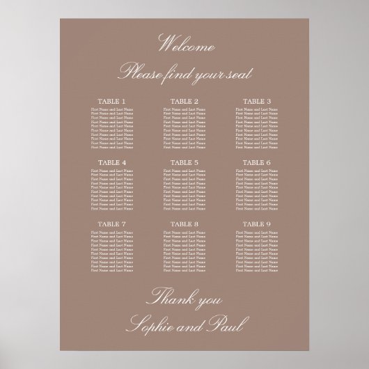 Tableau de plan de table de mariage Taupe 9 Poster (Devant)