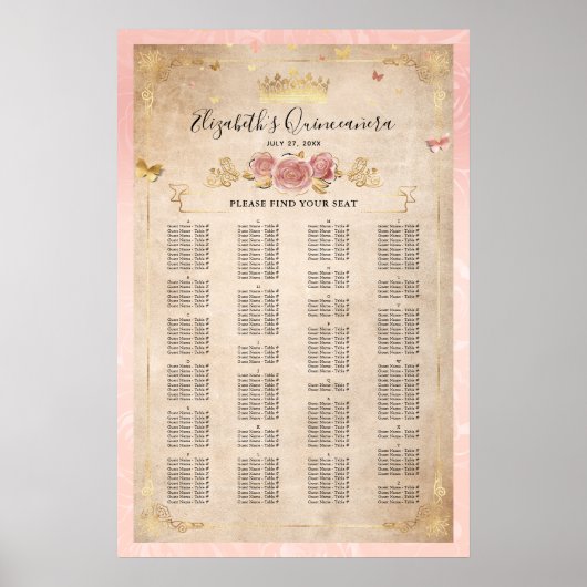 Tableau de siège alphabétique rose et or (Devant)