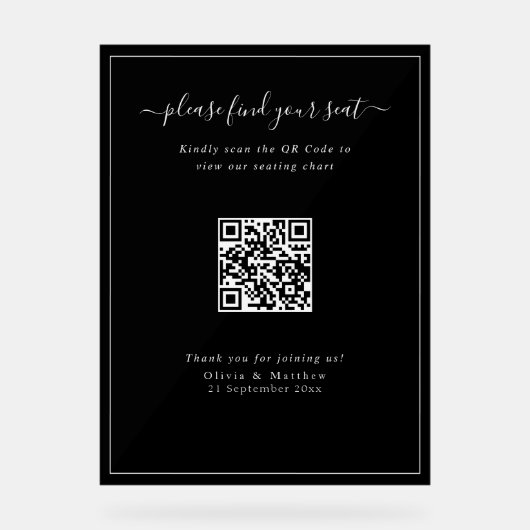 Tableau de Siège Code QR de Mariage Noir Moderne e (Recto)