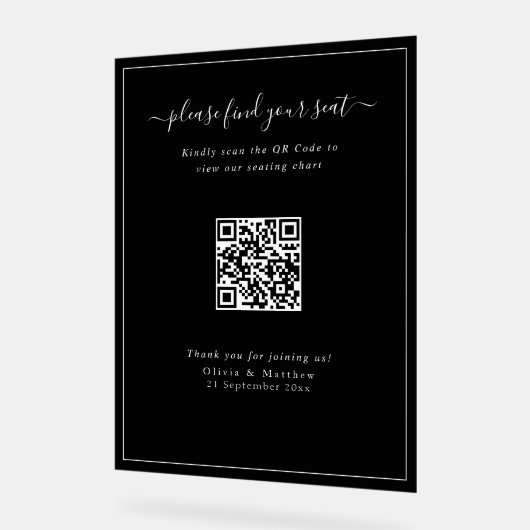 Tableau de Siège Code QR de Mariage Noir Moderne e (Angle)