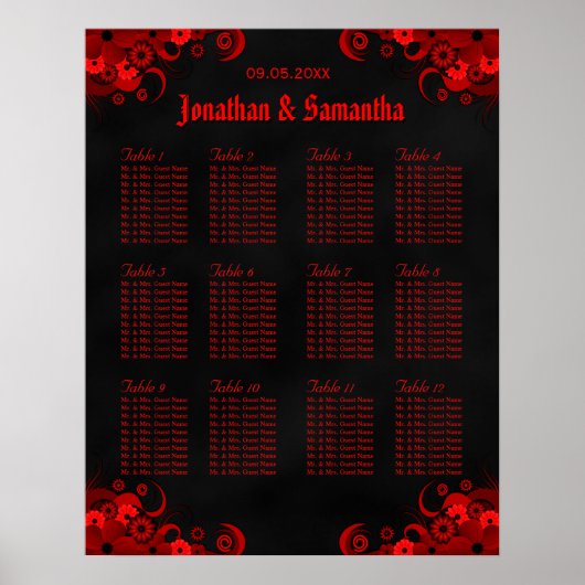 Tableau de siège de 12 Mariages Floral noir et rou (Devant)