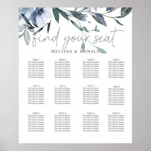 Tableau de siège Mariage à fleurs bleues poussière (Devant)