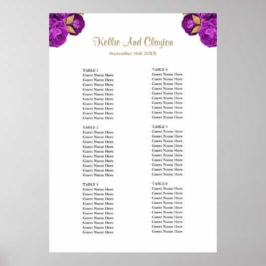 Tableau de siège Mariage Floral Purple Et Or (Devant)