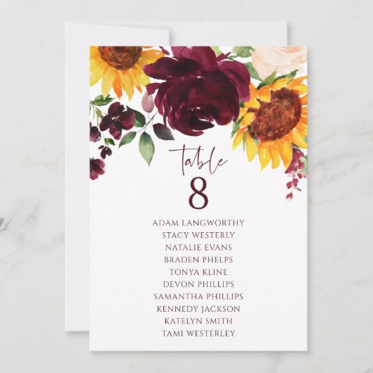 Tableau de siège Numéro de table Rose de tournesol (Devant)