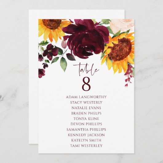 Tableau de siège Numéro de table Rose de tournesol (Devant / Derrière)