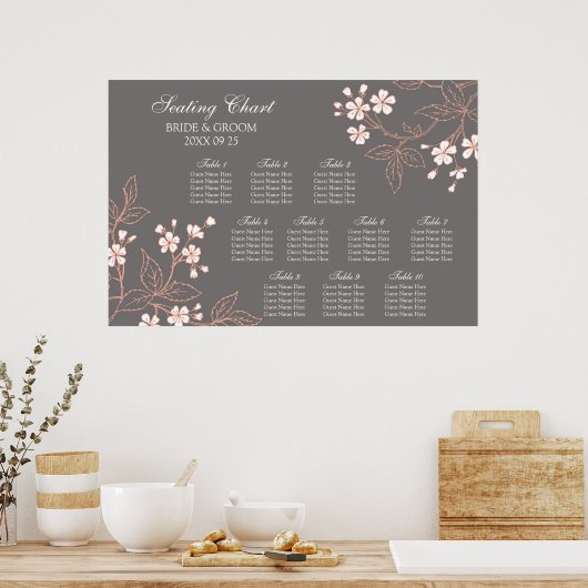 Tableau de sièges 10 Tables Corail gris Floral (Cuisine)