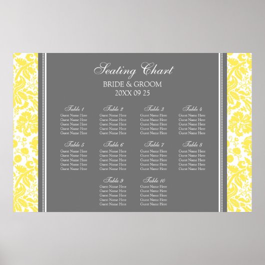 Tableau de sièges 10 tables Damas gris jaune (Devant)