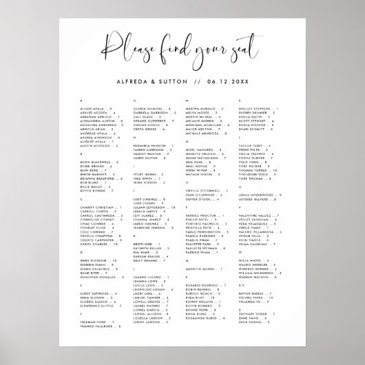 Tableau de sièges alphabétique élégant et moderne (Devant)