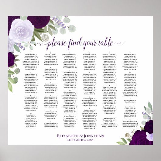 Tableau de sièges de Mariage alphabétique Rose vio (Devant)
