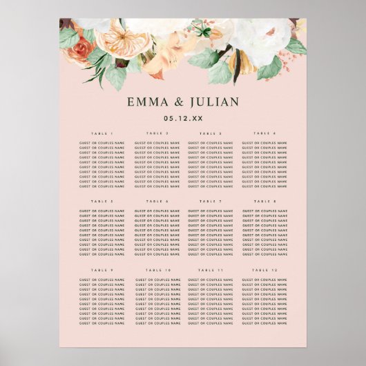 Tableau de sièges de Mariage rose pâle Botanique (Devant)