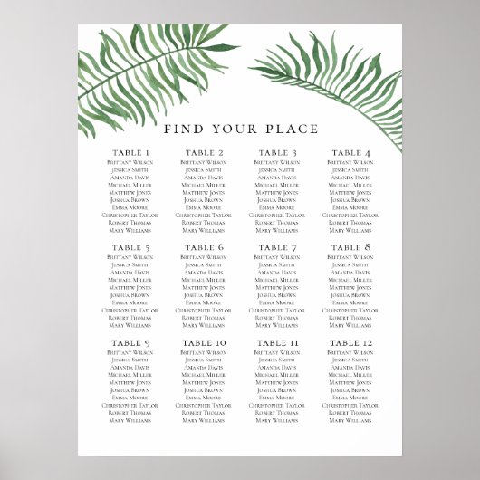 Tableau de sièges de mariage tropical imprimé. Ver (Devant)