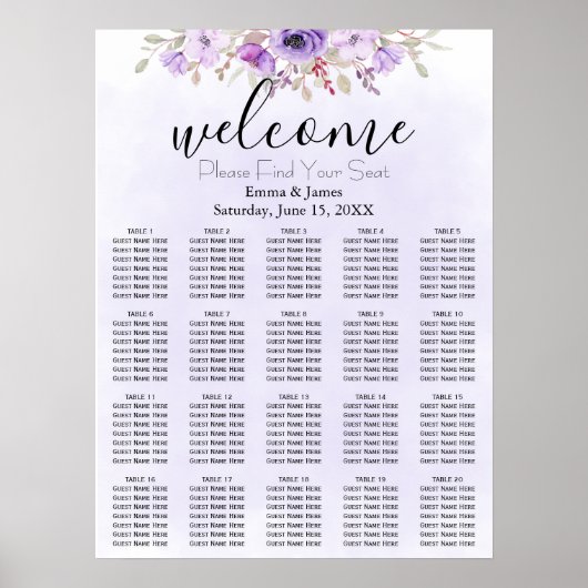 Tableau de sièges de Mariages floraux violets (Devant)