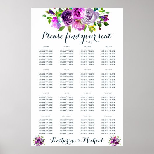 Tableau de sièges de Mariages floraux violets (Devant)