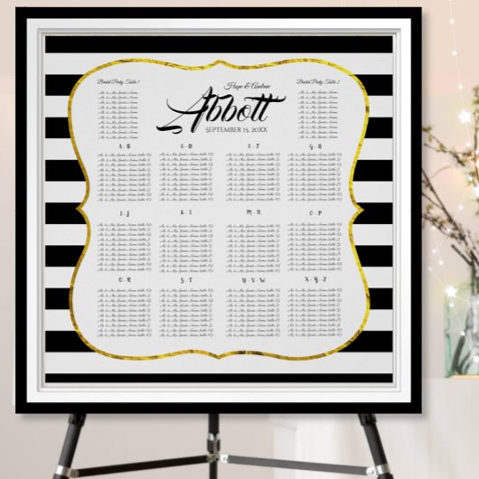Tableau de sièges en or noir et blanc Alphabétique