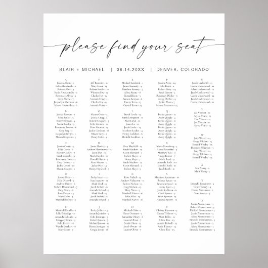 Tableau de sièges Mariage alphabétique BLAIR (Devant)