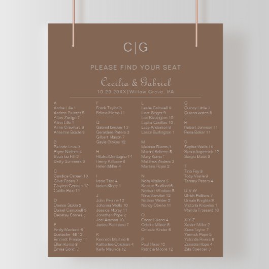 Tableau de sièges Mariage alphabétique minimaliste