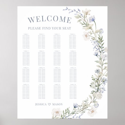 Tableau de sièges mariage bleu botanique rustique (Devant)