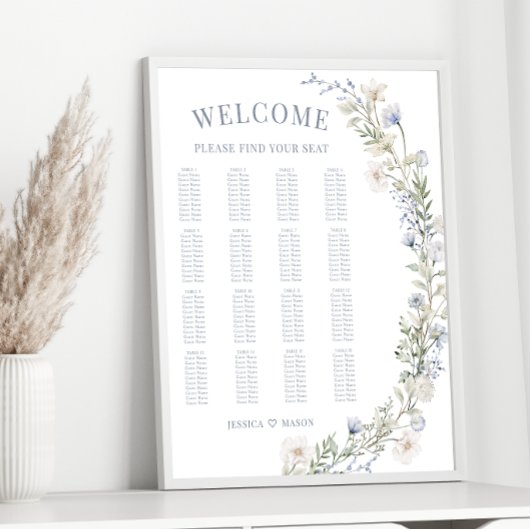 Tableau de sièges mariage bleu botanique rustique