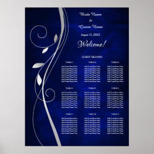 Tableau de sièges Mariage bleu feuille d'argent
