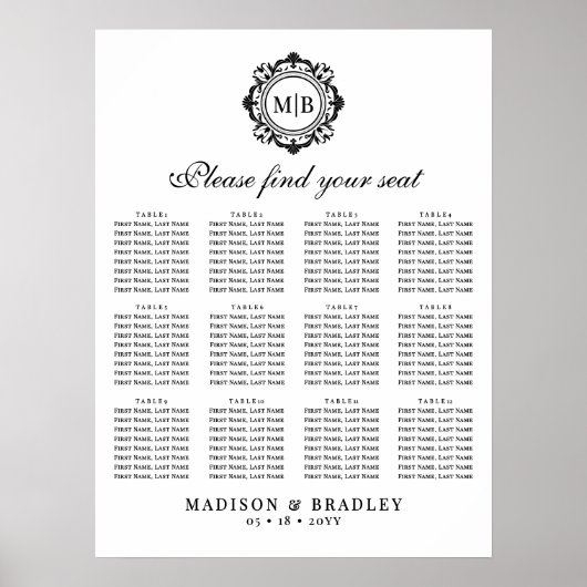 Tableau de sièges Mariage de monogrammes floraux o (Devant)