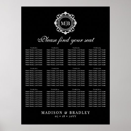 Tableau de sièges Mariage de monogrammes floraux o (Devant)