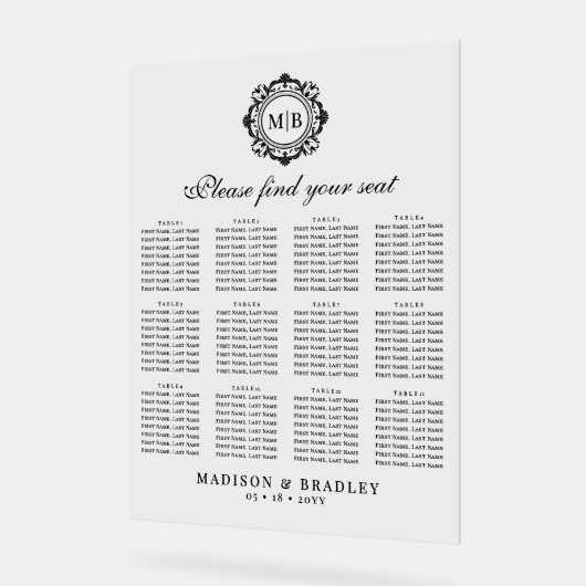 Tableau de sièges Mariage de monogrammes floraux o (Angle)