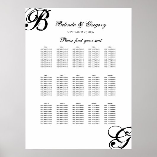 Tableau de sièges Mariage de script noir et blanc (Devant)